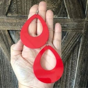 True Red Really Huge Acrylic Hollow Teardrop Hoop Earrings NWT